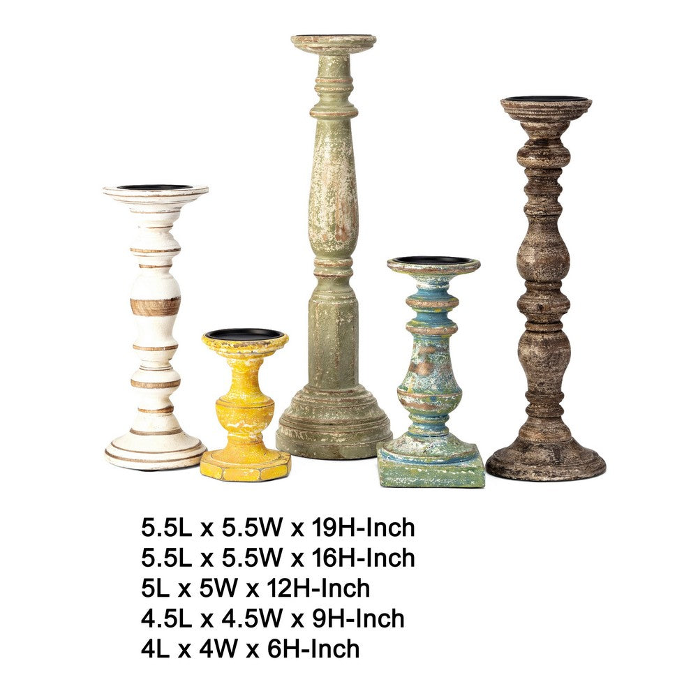 Hez 5pc Layered Candle Holder Set | Distressed Cream & Brown Wood