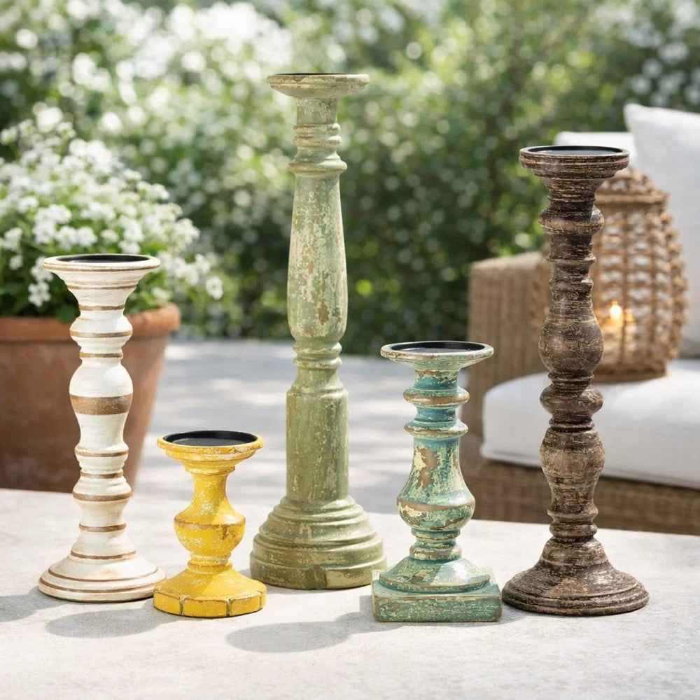 Hez 5pc Layered Candle Holder Set | Distressed Cream & Brown Wood
