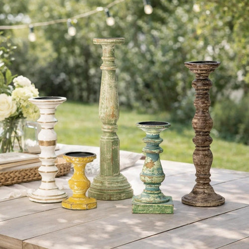 Hez 5pc Layered Candle Holder Set | Distressed Cream & Brown Wood