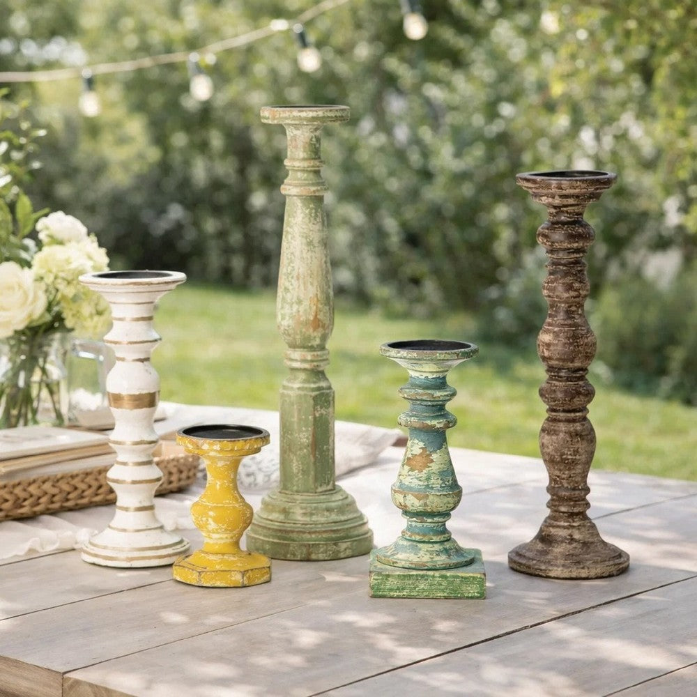 Hez 5pc Layered Candle Holder Set | Distressed Cream & Brown Wood