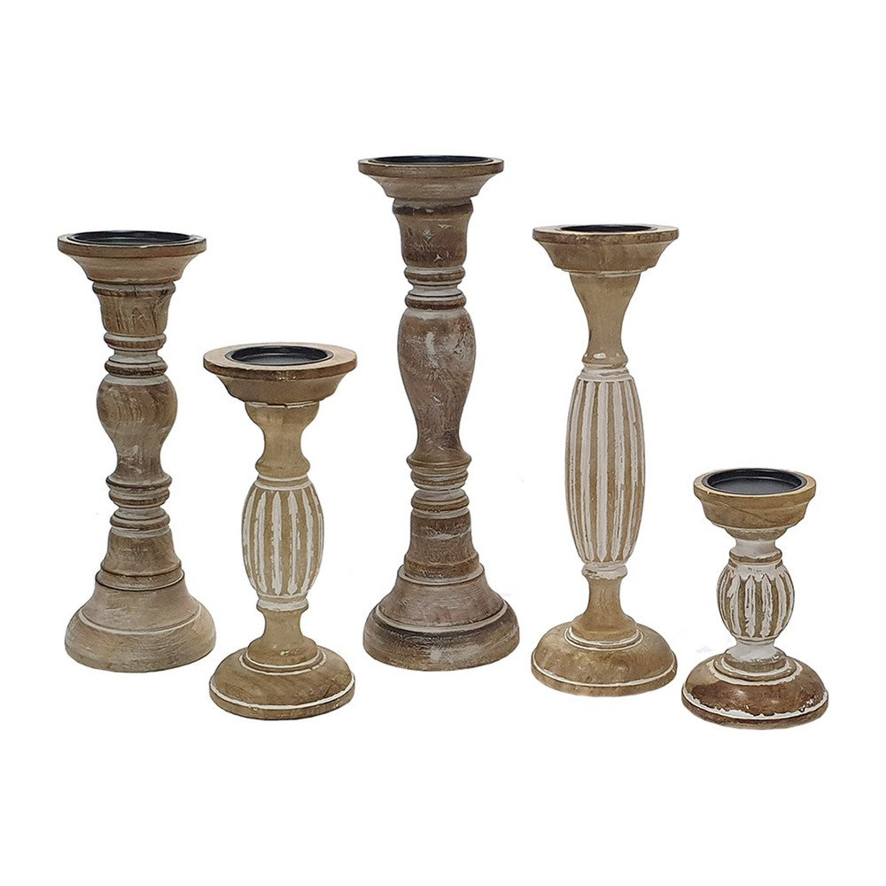 Hez 5pc Turned Candle Holder Set | Dark Rustic White & Beige Mango Wood