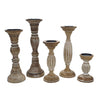Hez 5pc Turned Candle Holder Set | Dark Rustic White & Beige Mango Wood