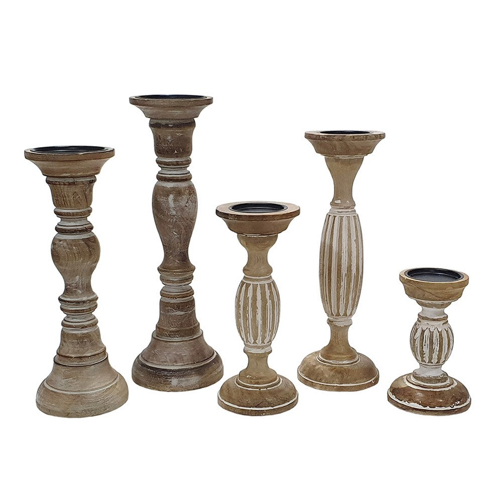 Hez 5pc Turned Candle Holder Set | Dark Rustic White & Beige Mango Wood