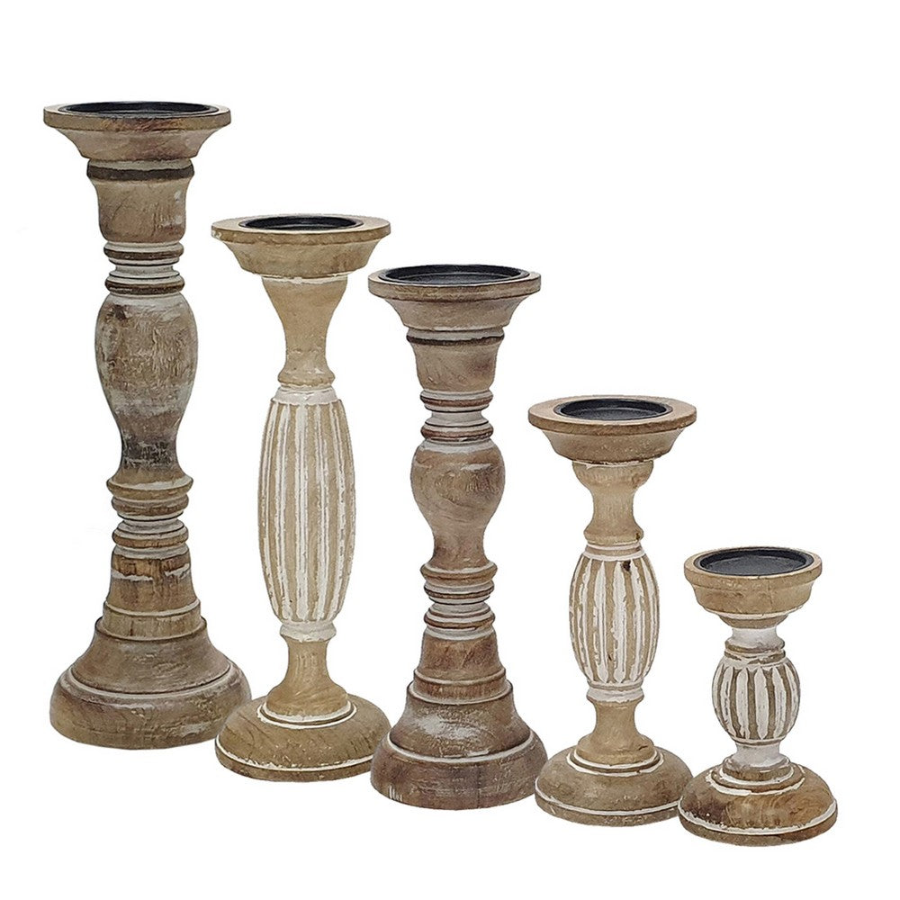 Hez 5pc Turned Candle Holder Set | Dark Rustic White & Beige Mango Wood