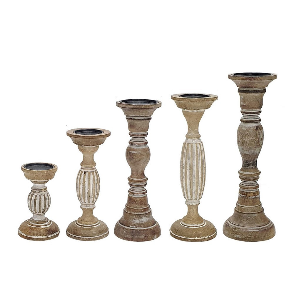 Hez 5pc Turned Candle Holder Set | Dark Rustic White & Beige Mango Wood