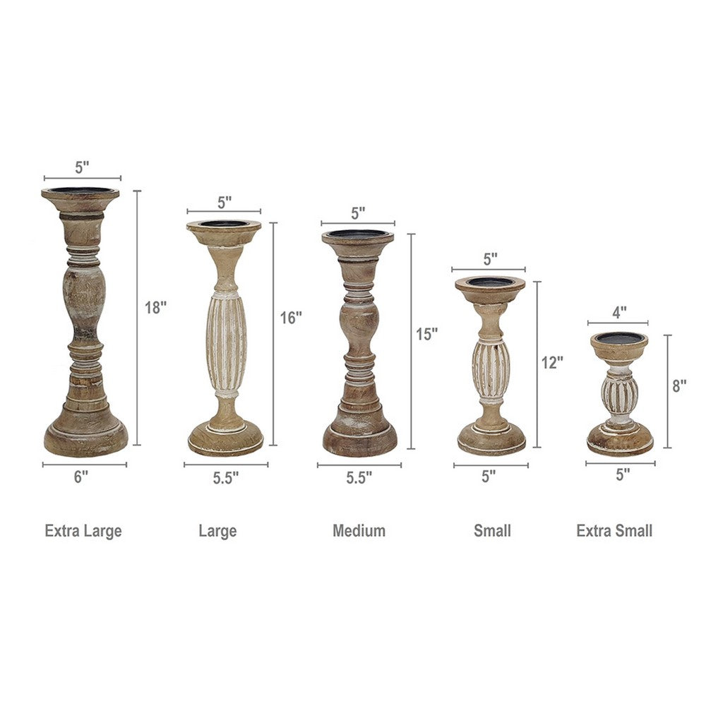 Hez 5pc Turned Candle Holder Set | Dark Rustic White & Beige Mango Wood