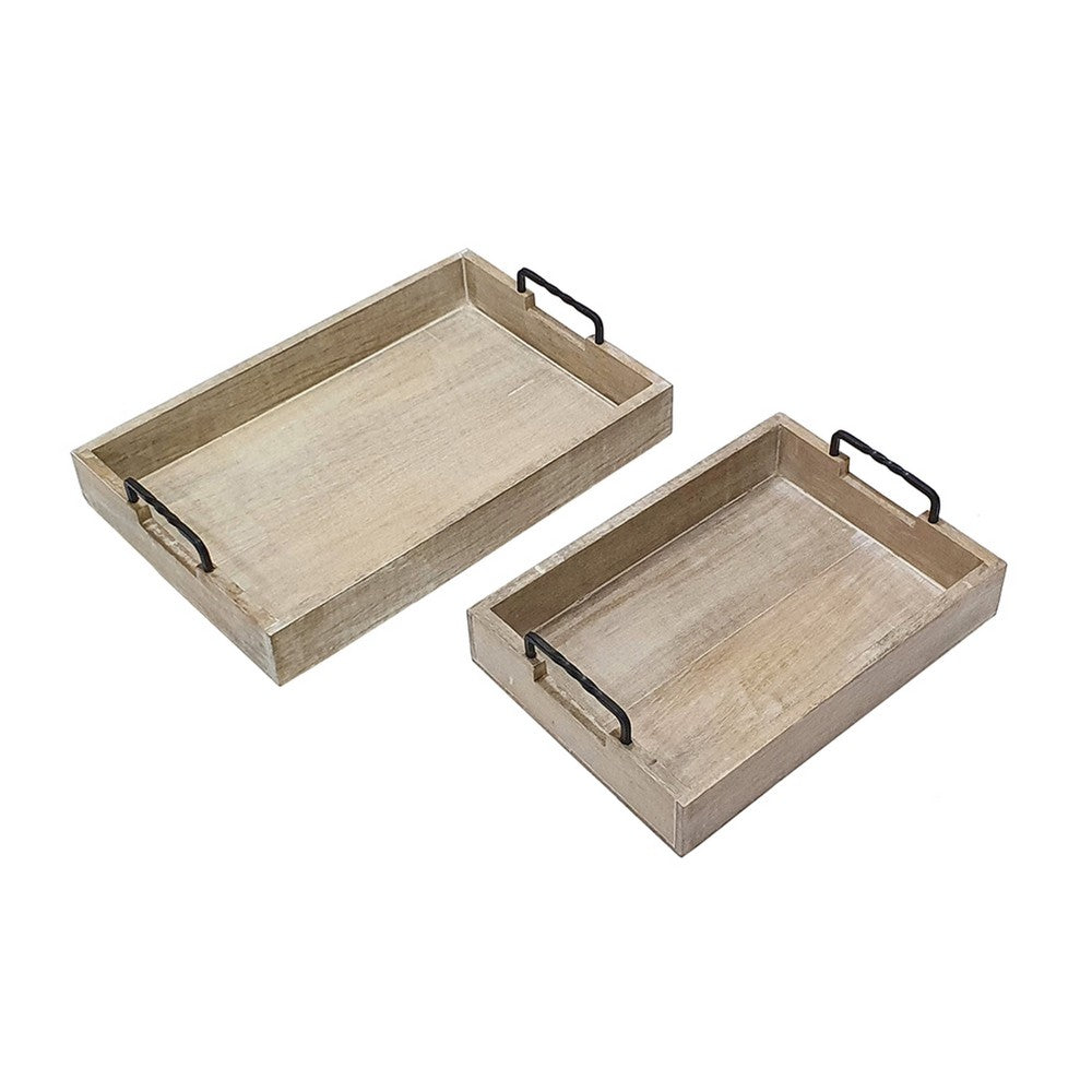 Rustic Accessory Tray Set of 2 | Black Iron Handles | Natural Beige