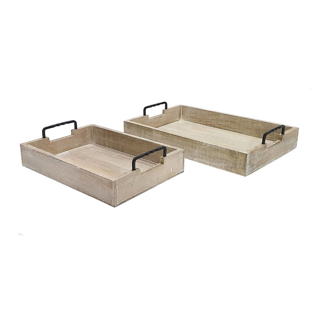 Rustic Accessory Tray Set of 2 | Black Iron Handles | Natural Beige