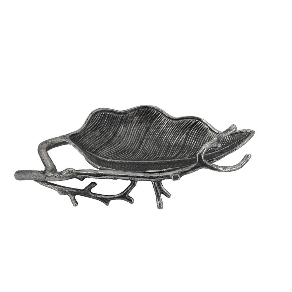 Decorative Leaf Accent Bowl Tray | 16" Antique Silver Aluminum