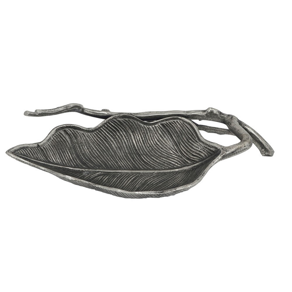 Decorative Leaf Accent Bowl Tray | 16" Antique Silver Aluminum