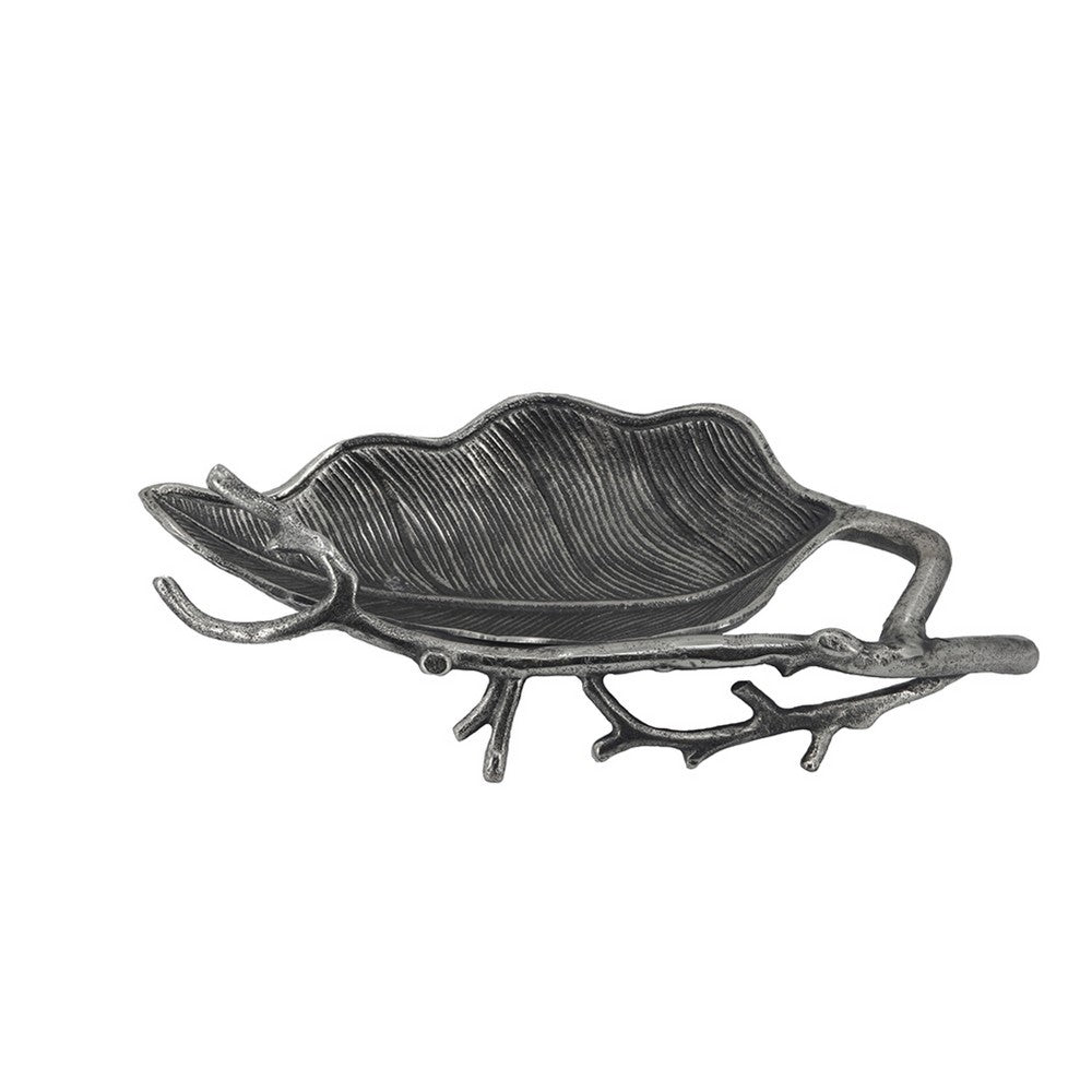 Decorative Leaf Accent Bowl Tray | 16" Antique Silver Aluminum