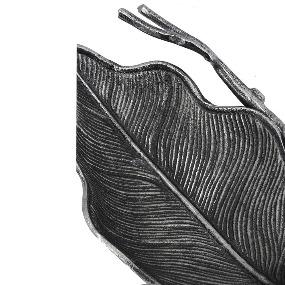 Decorative Leaf Accent Bowl Tray | 16" Antique Silver Aluminum