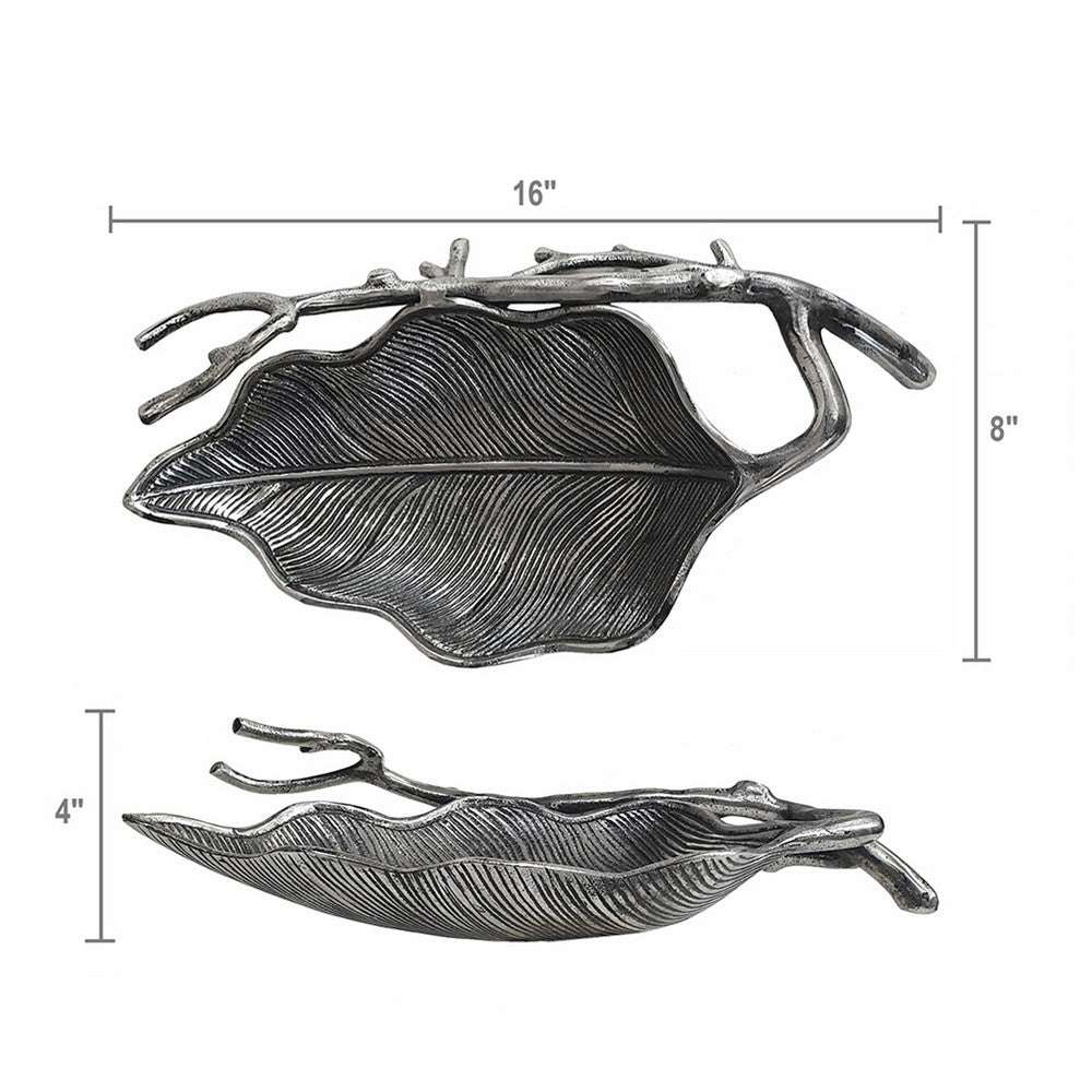 Decorative Leaf Accent Bowl Tray | 16" Antique Silver Aluminum