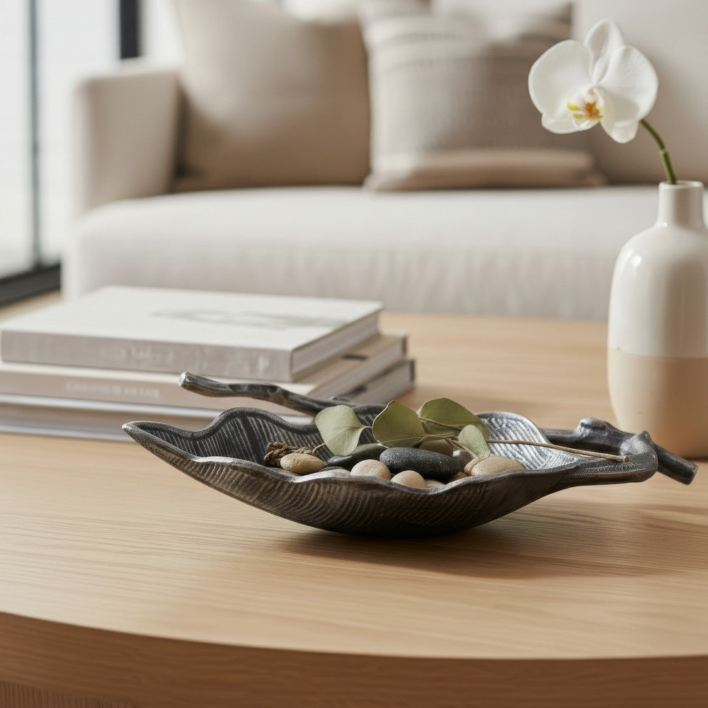 Decorative Leaf Accent Bowl Tray | 16" Antique Silver Aluminum