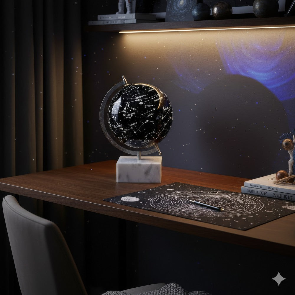 Decorative Constellation Globe | Black | White Marble Base | 12"