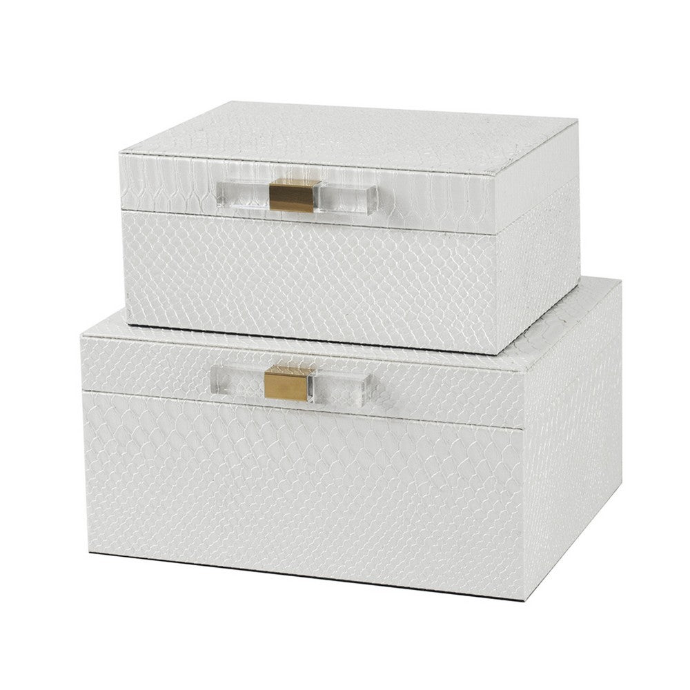 Decor Storage Boxes Set of 2 | White Faux Snakeskin with Gold Accents