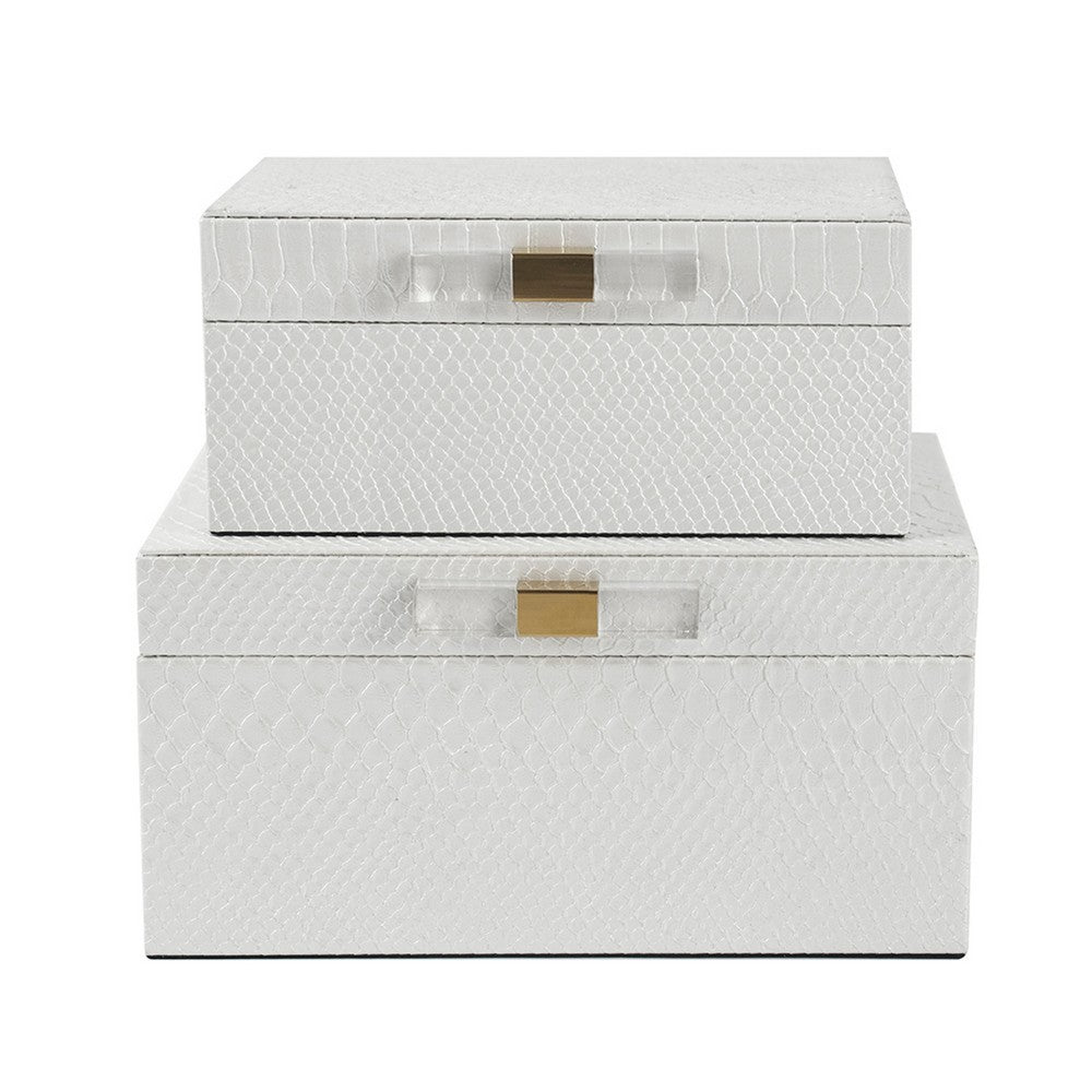Decor Storage Boxes Set of 2 | White Faux Snakeskin with Gold Accents
