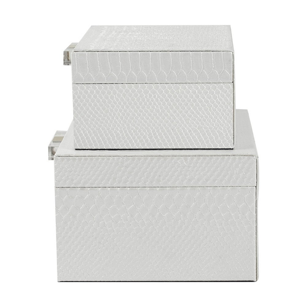 Decor Storage Boxes Set of 2 | White Faux Snakeskin with Gold Accents