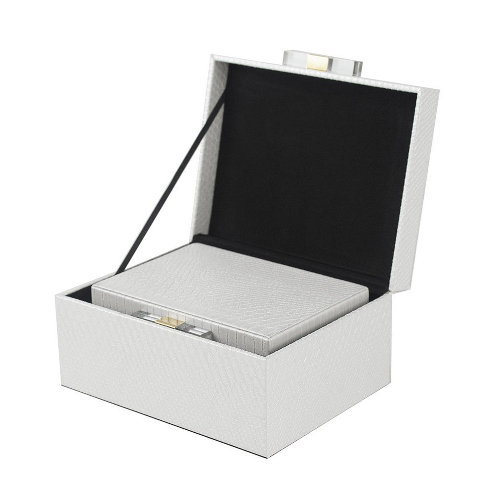 Decor Storage Boxes Set of 2 | White Faux Snakeskin with Gold Accents