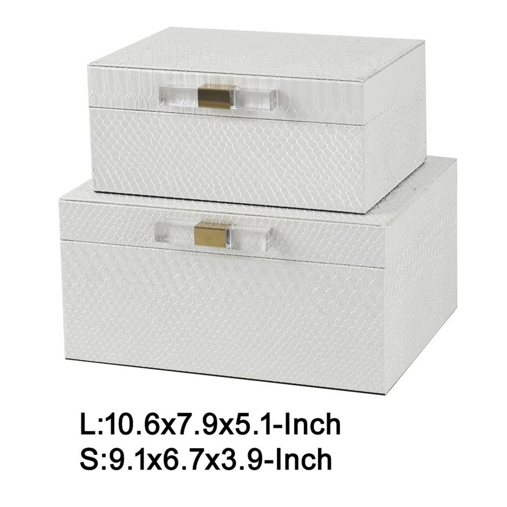 Decor Storage Boxes Set of 2 | White Faux Snakeskin with Gold Accents