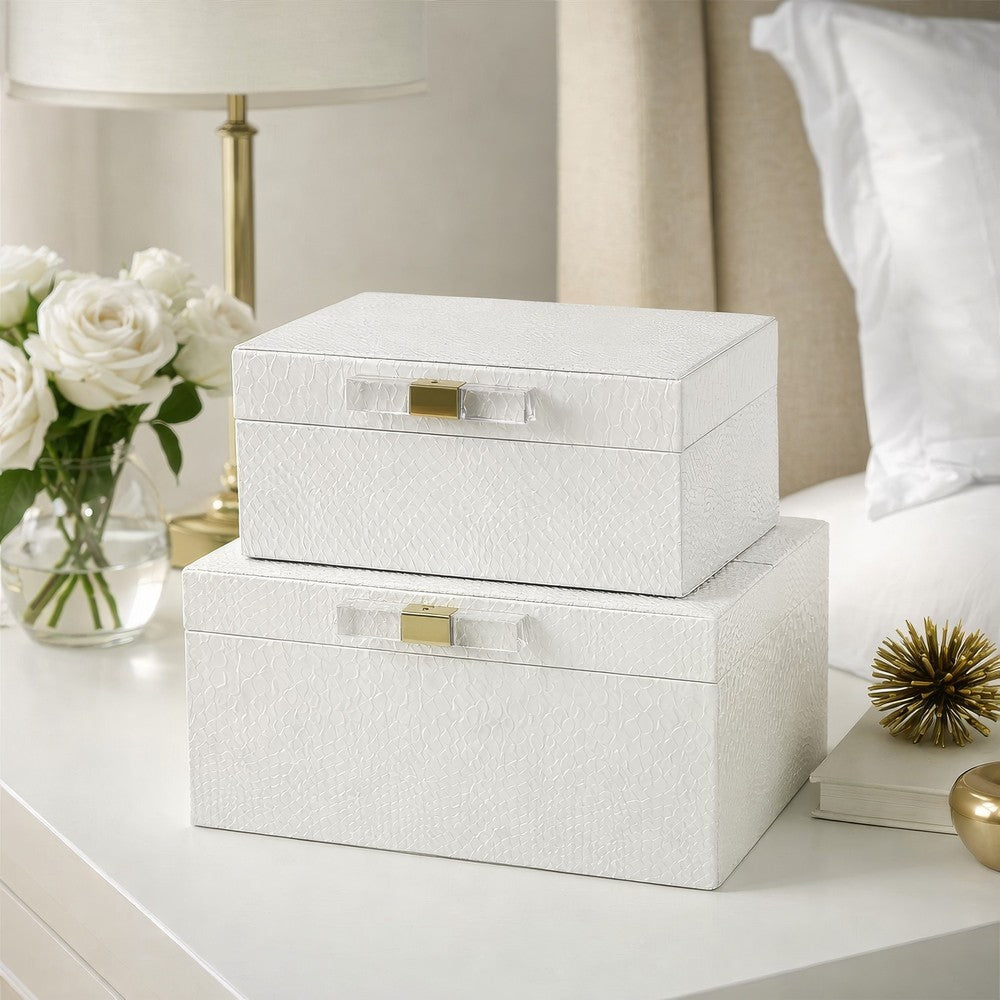 Decor Storage Boxes Set of 2 | White Faux Snakeskin with Gold Accents