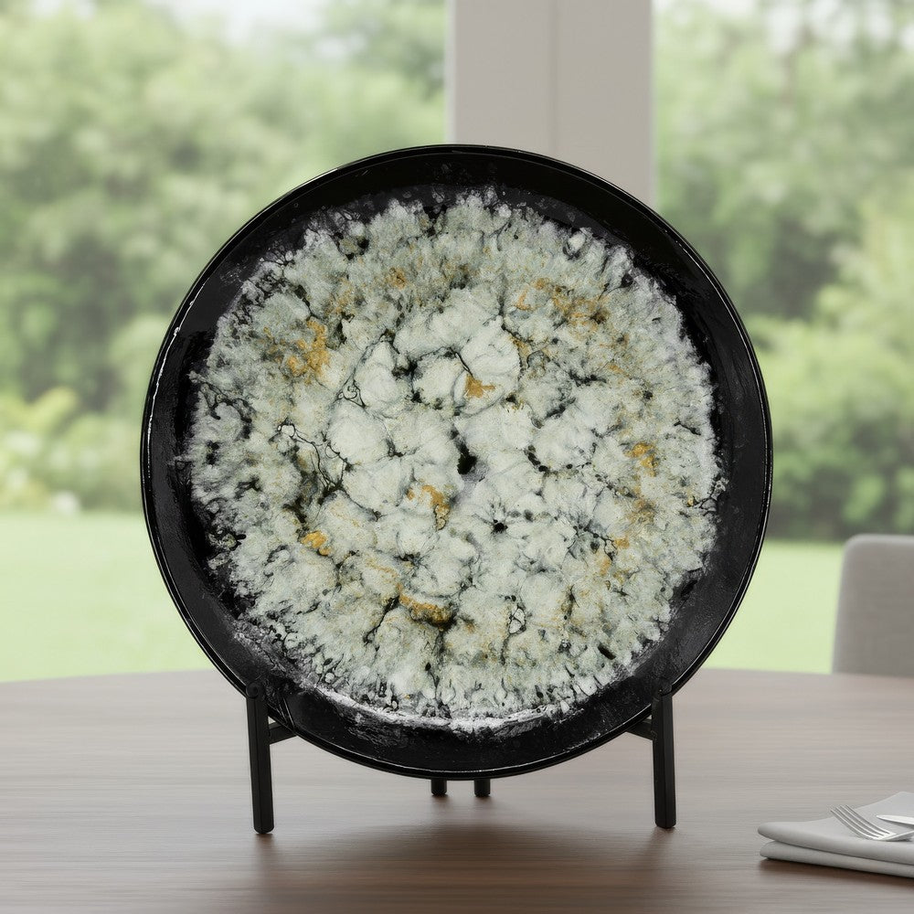 Decorative Charger Plate with Stand | Black & White Ceramic | 18"