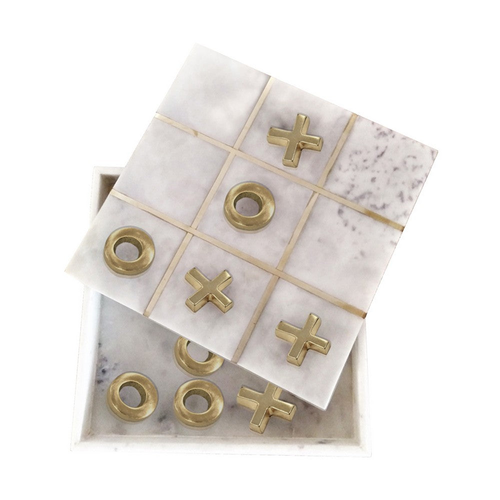 Leza Tic Tac Toe Game Set | White Marble with Gold Inlay | 12"