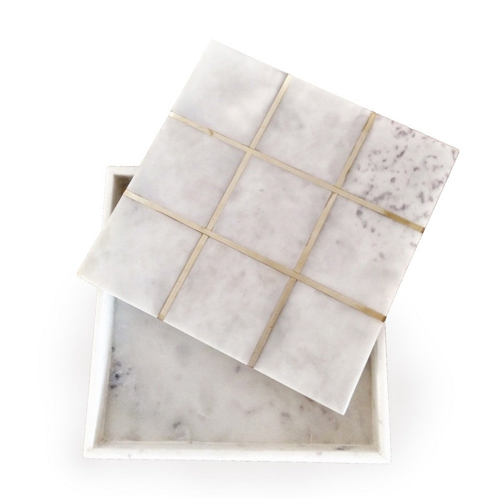 Leza Tic Tac Toe Game Set | White Marble with Gold Inlay | 12"
