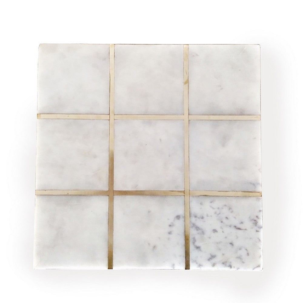 Leza Tic Tac Toe Game Set | White Marble with Gold Inlay | 12"