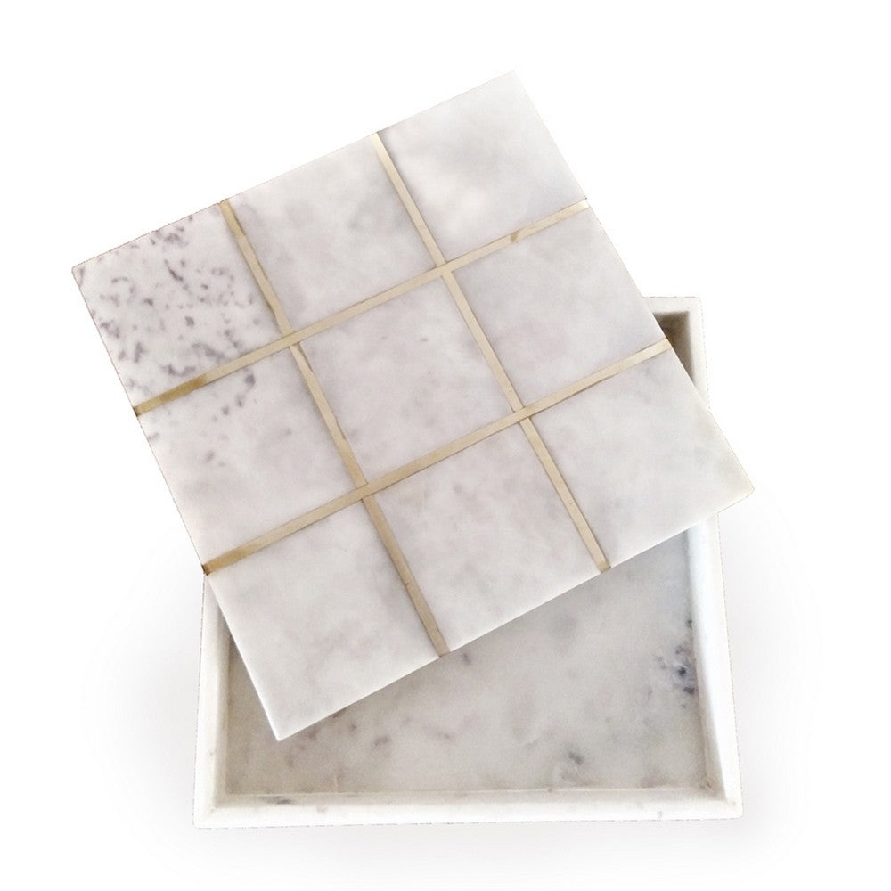 Leza Tic Tac Toe Game Set | White Marble with Gold Inlay | 12"