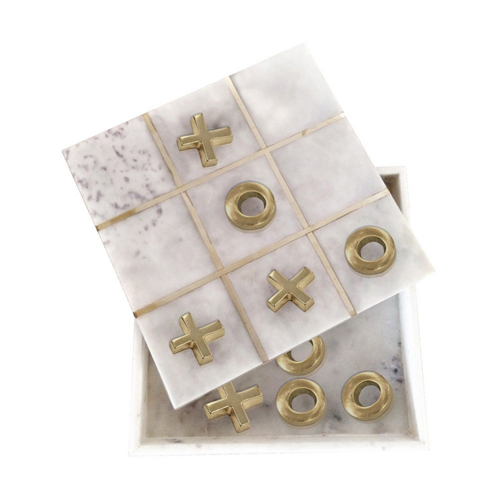 Leza Tic Tac Toe Game Set | White Marble with Gold Inlay | 12"