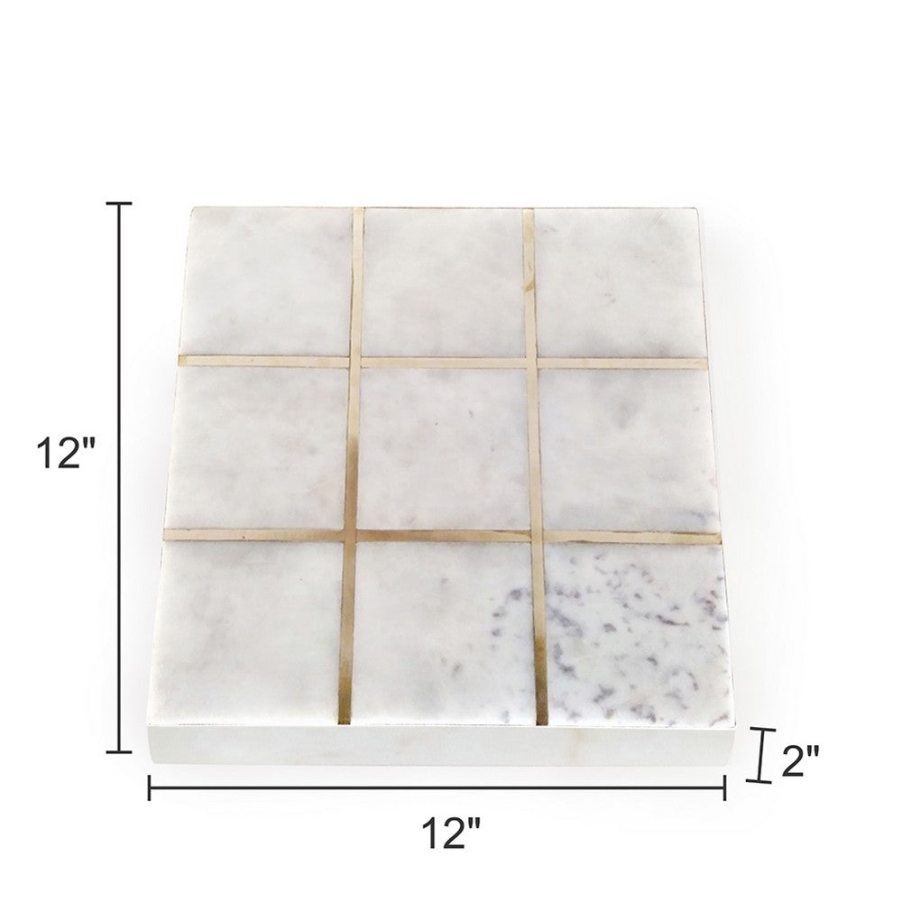 Leza Tic Tac Toe Game Set | White Marble with Gold Inlay | 12"