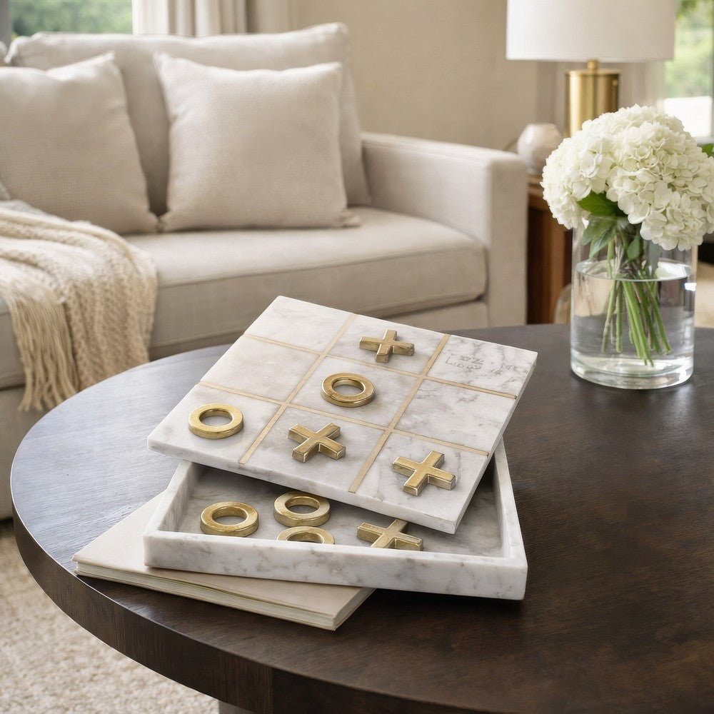 Leza Tic Tac Toe Game Set | White Marble with Gold Inlay | 12"