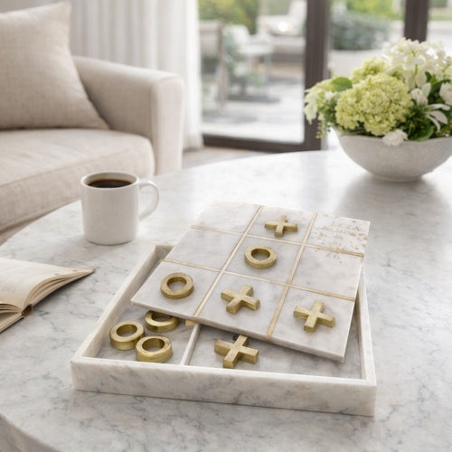 Leza Tic Tac Toe Game Set | White Marble with Gold Inlay | 12"