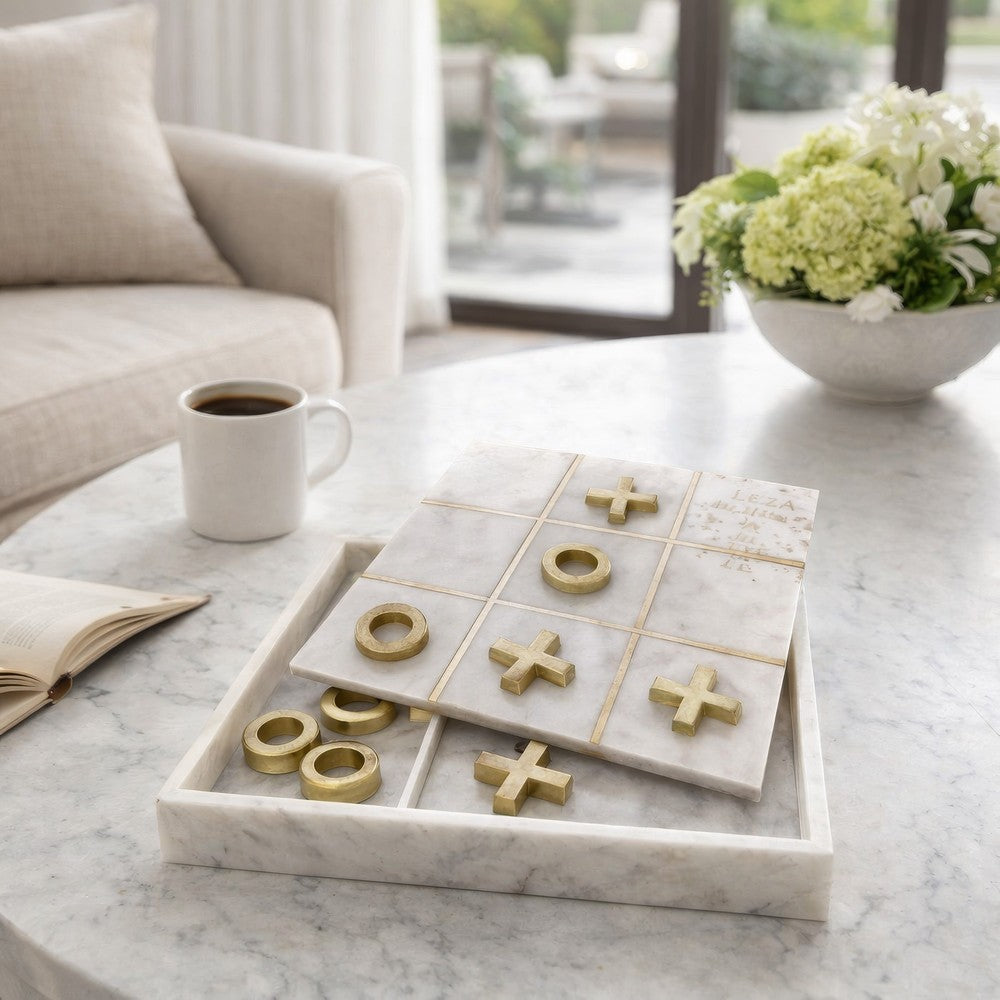 Leza Tic Tac Toe Game Set | White Marble with Gold Inlay | 12"