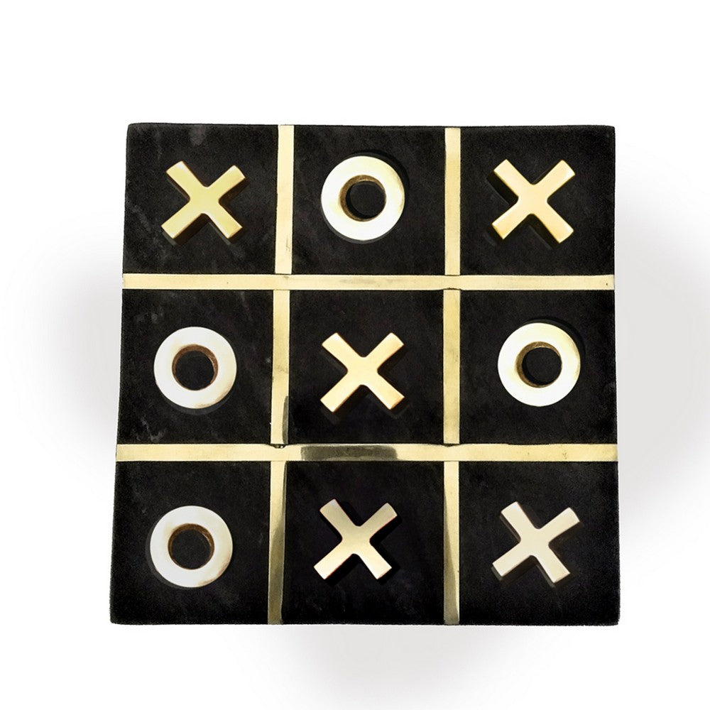 Leza Tic Tac Toe Game Set | Black Marble with Gold Inlay | 12"
