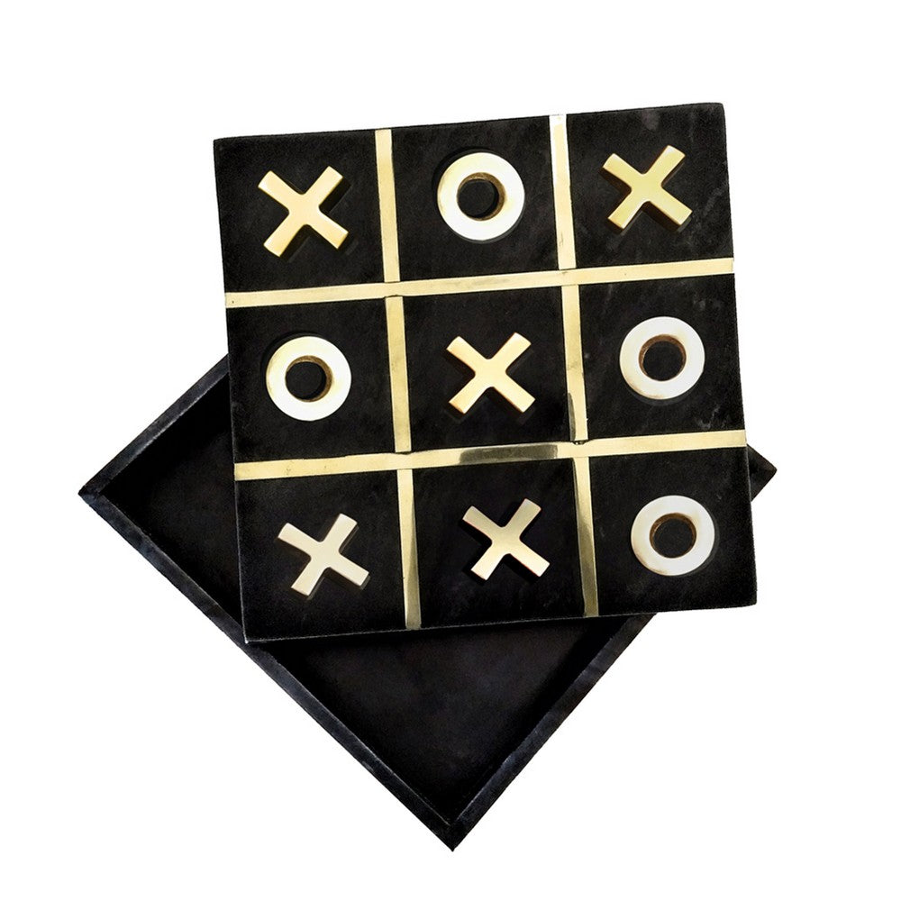 Leza Tic Tac Toe Game Set | Black Marble with Gold Inlay | 12"