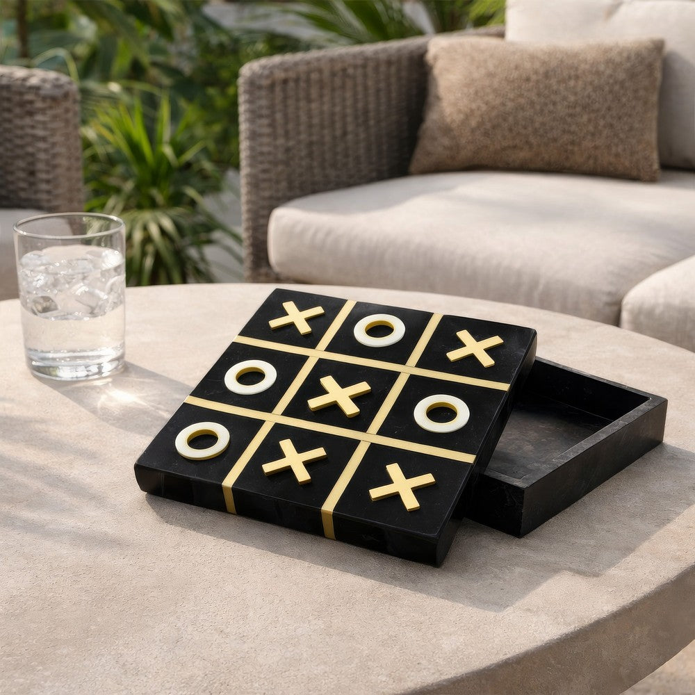 Leza Tic Tac Toe Game Set | Black Marble with Gold Inlay | 12"