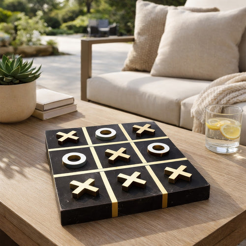 Leza Tic Tac Toe Game Set | Black Marble with Gold Inlay | 12"