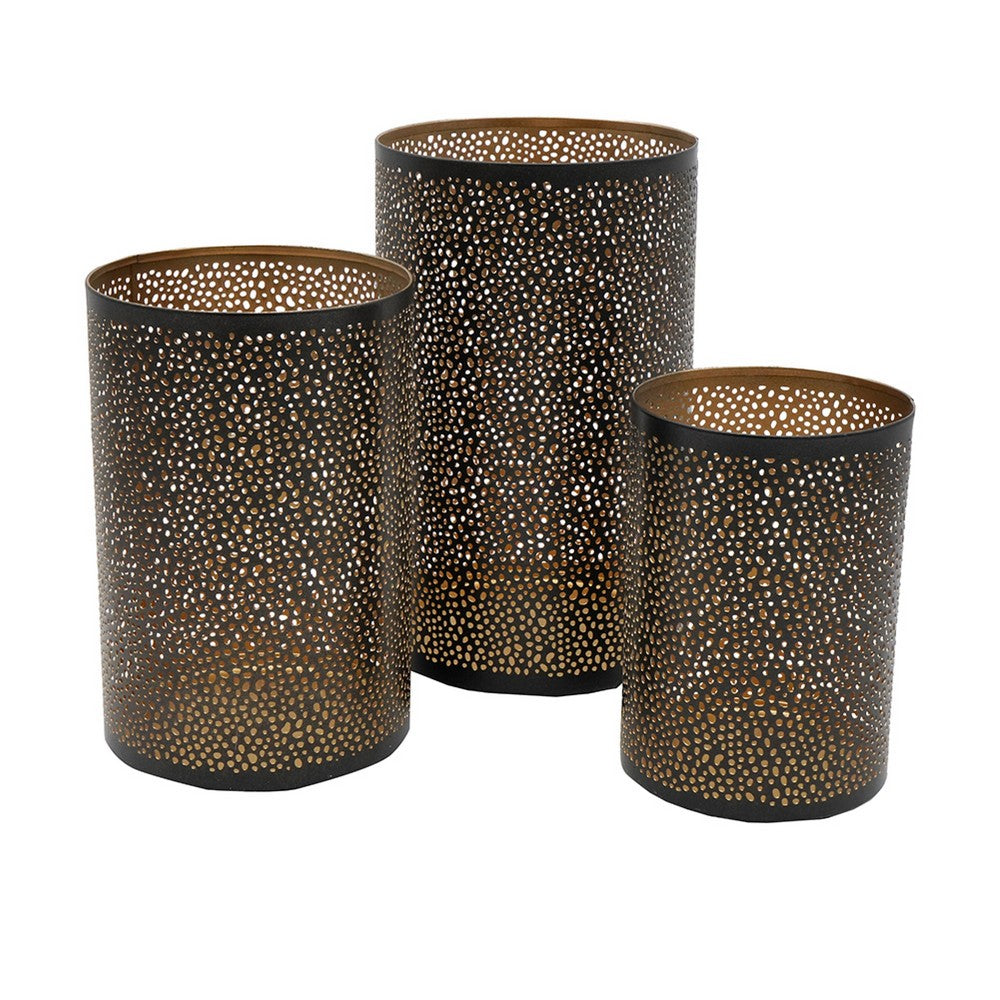 3pc Hurricane Candle Holders Set | Pierced Black with Gold Interior
