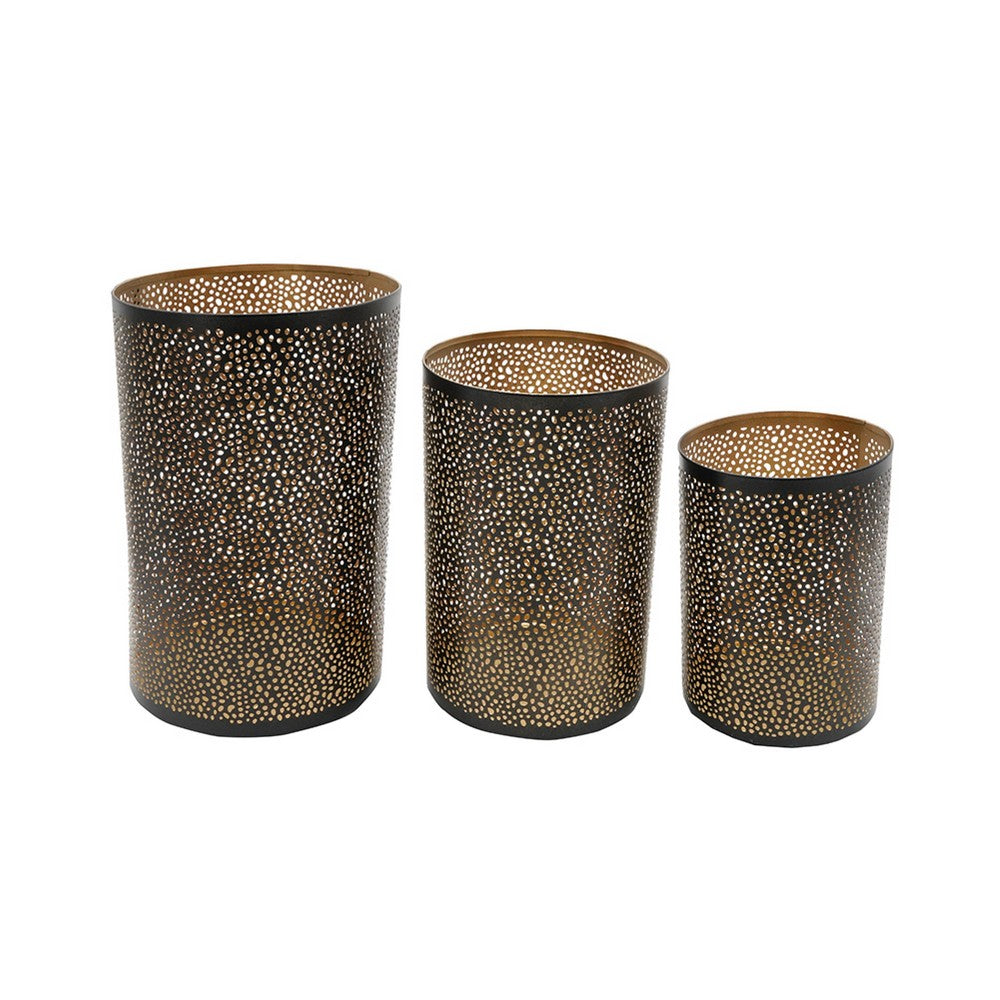 3pc Hurricane Candle Holders Set | Pierced Black with Gold Interior
