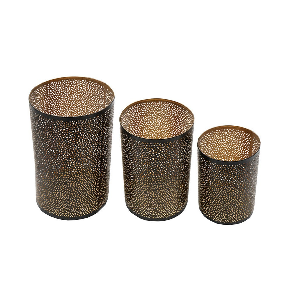 3pc Hurricane Candle Holders Set | Pierced Black with Gold Interior