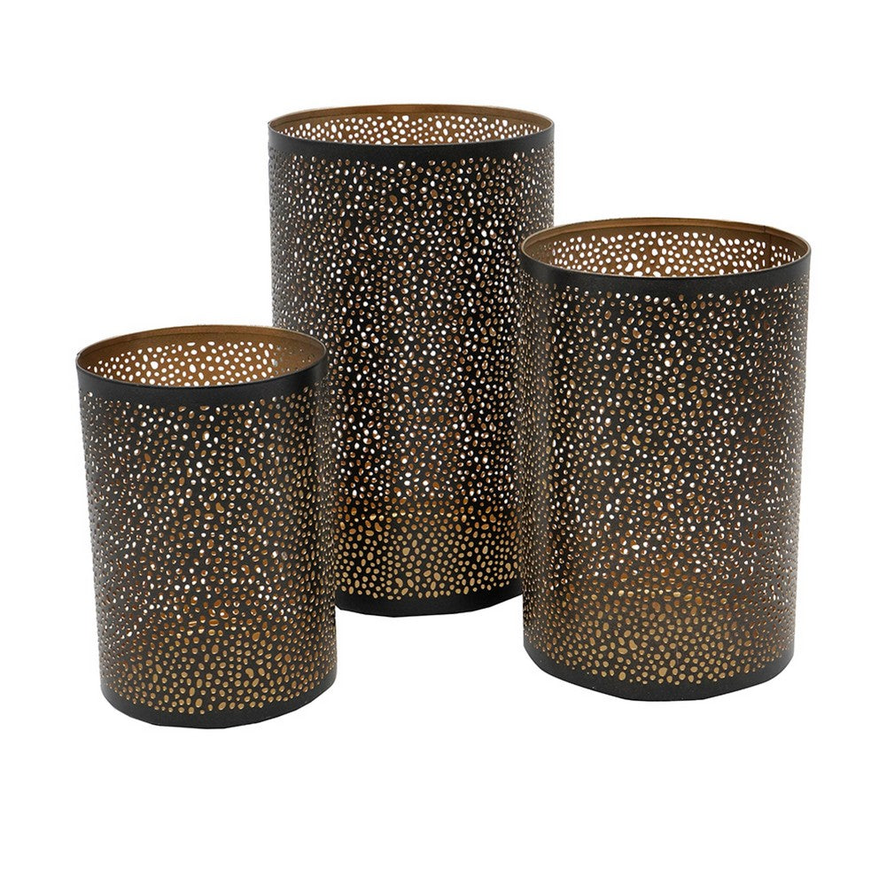 3pc Hurricane Candle Holders Set | Pierced Black with Gold Interior