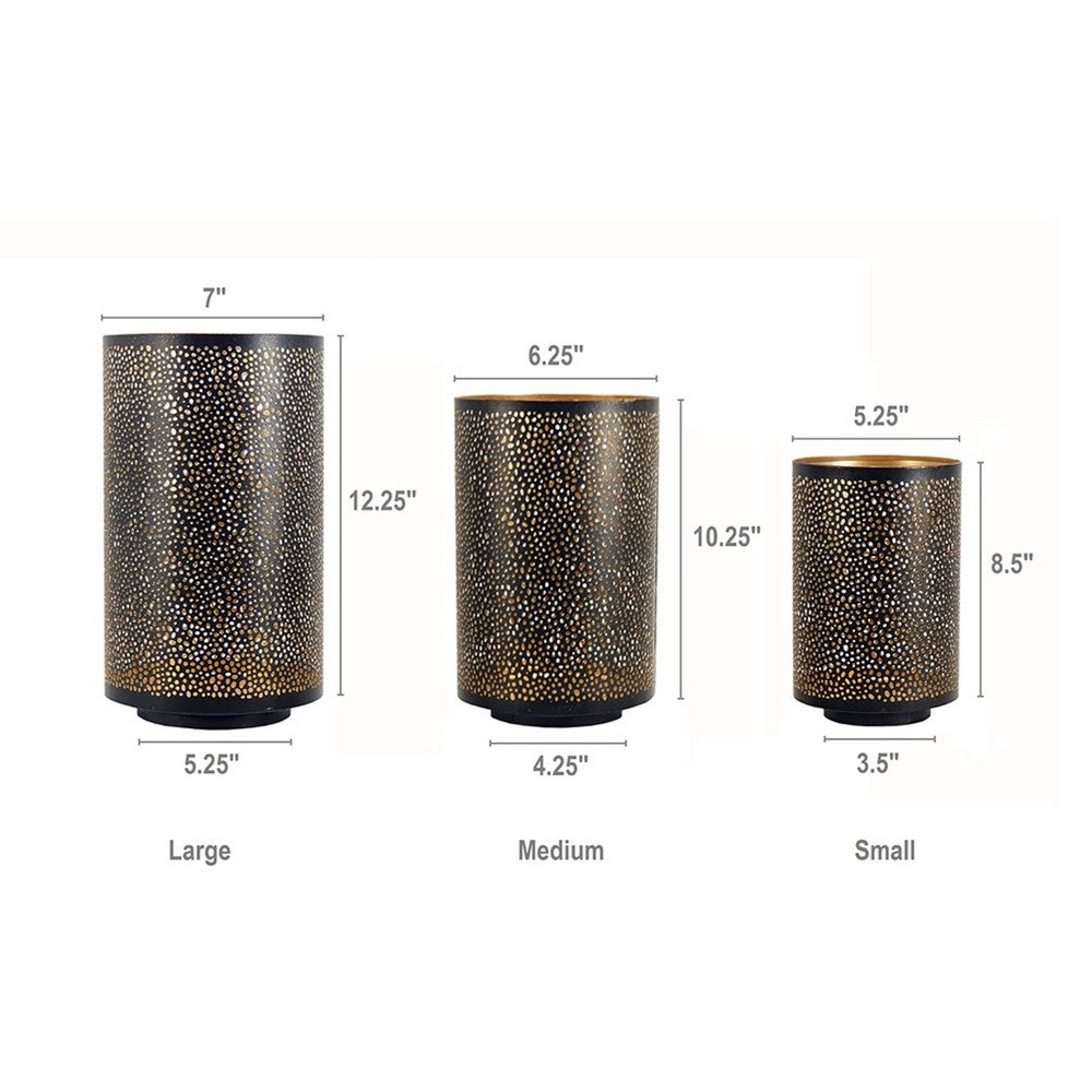 3pc Hurricane Candle Holders Set | Pierced Black with Gold Interior