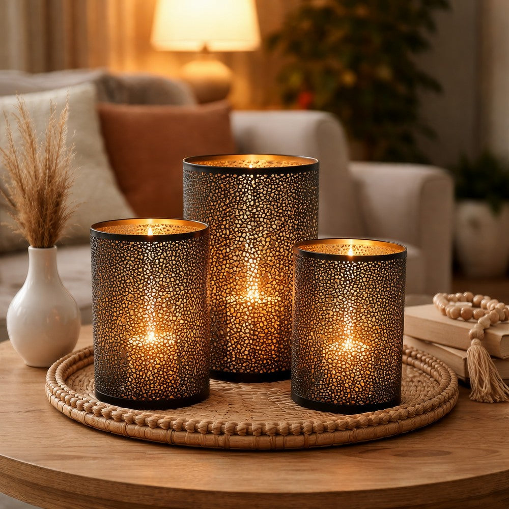 3pc Hurricane Candle Holders Set | Pierced Black with Gold Interior