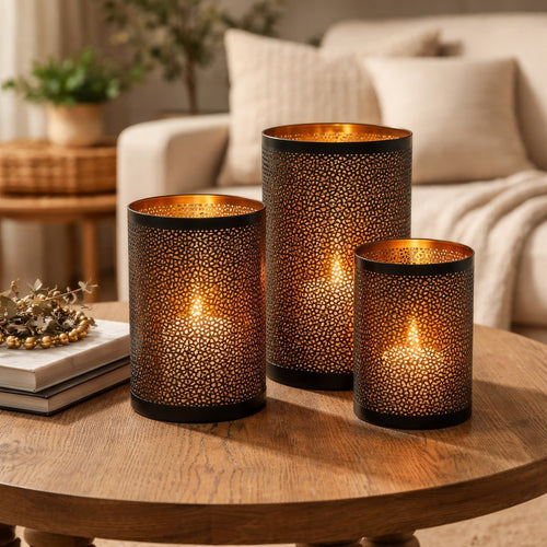 3pc Hurricane Candle Holders Set | Pierced Black with Gold Interior