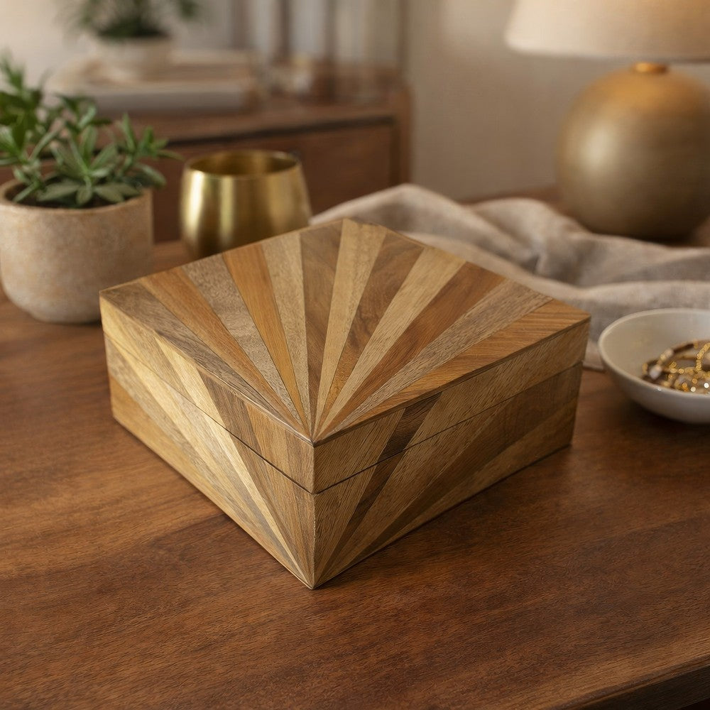 Decorative Storage Box | Sunburst Design | 8" Brown Mango Wood