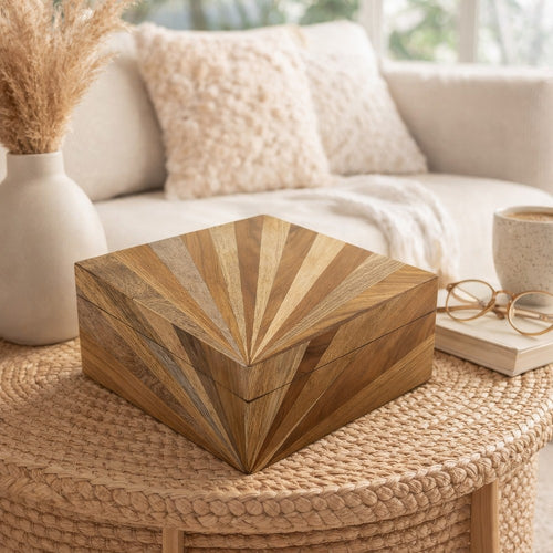 Decorative Storage Box | Sunburst Design | 8" Brown Mango Wood