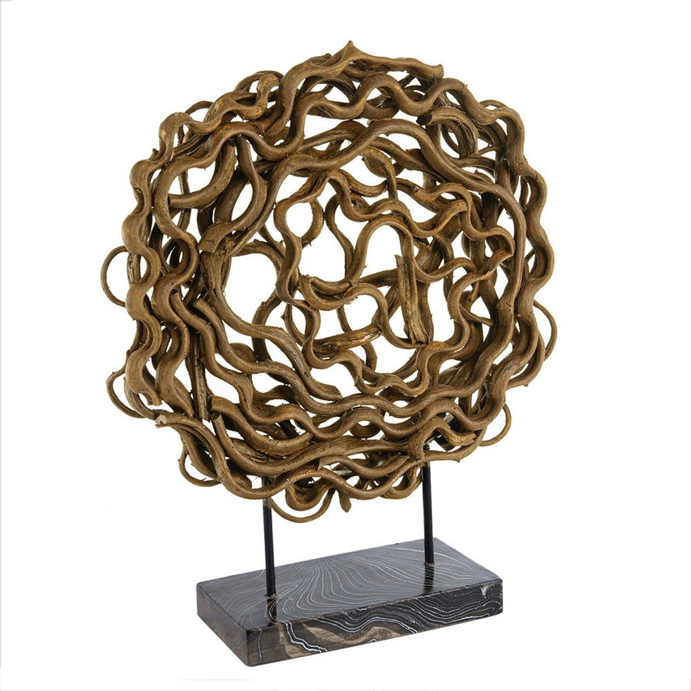 Decorative Tabletop Sculpture | Brown Rattan Intertwined | 20" Round