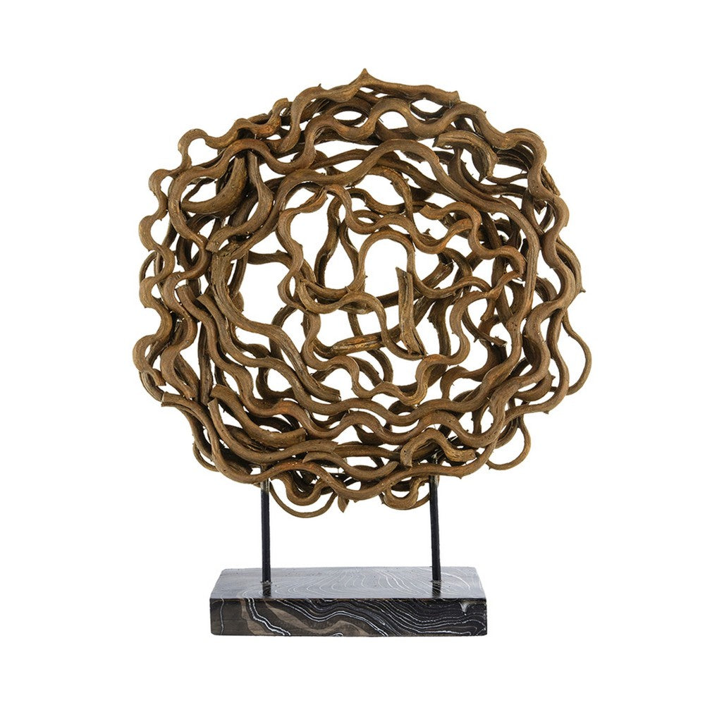 Decorative Tabletop Sculpture | Brown Rattan Intertwined | 20" Round